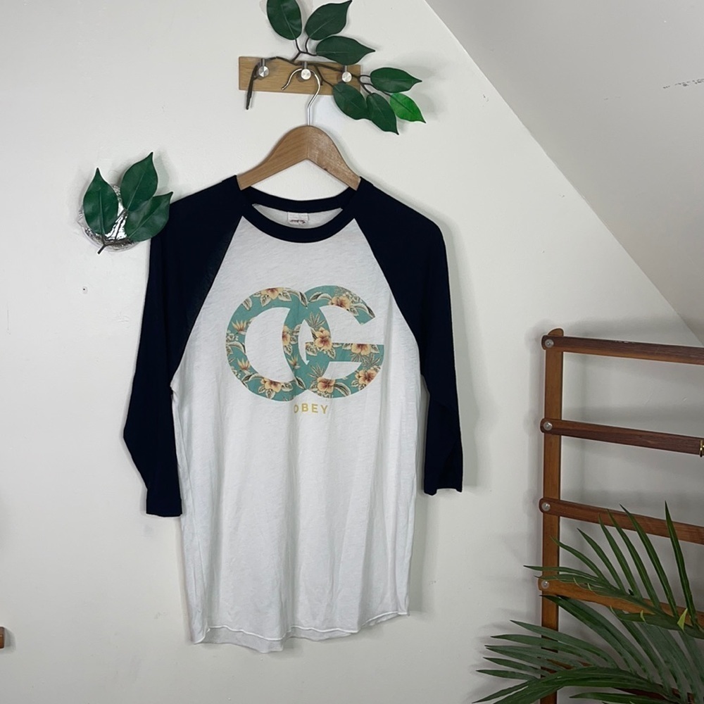 Obey Raglan Baseball Sleeve Floral Logo Top M